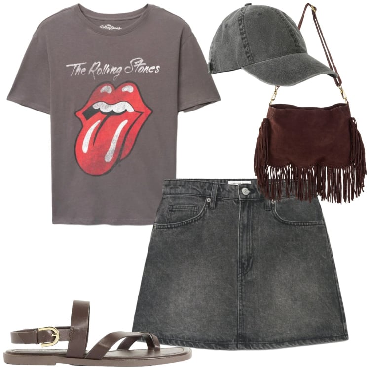 Outfit donna - Vacanze estive. Stile Casual per Tutti i giorni. Abbinamento con cappelli con visiera, borse a tracolla, sandali, minigonne, t-shirt.