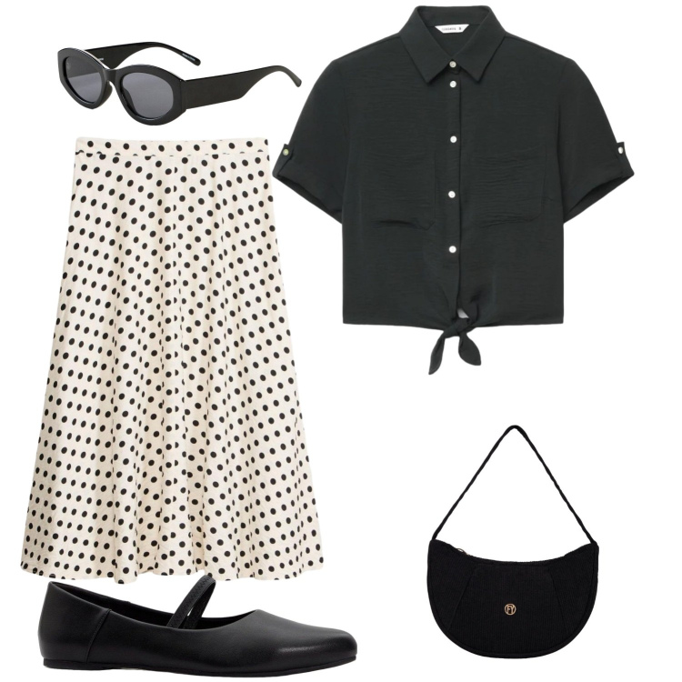 Outfit donna - La gonna a pois. Stile Bon Ton per Tutti i giorni. Abbinamento con gonne longuette, ballerine, occhiali da sole, camicie a manica corta, borse a mano.