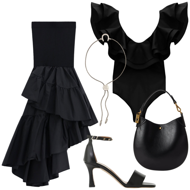 Outfit donna - Black. Stile Glamour per Serata fuori. Abbinamento con top, gonne lunghe, sandali col tacco, pochette, braccialetti con ciondoli.