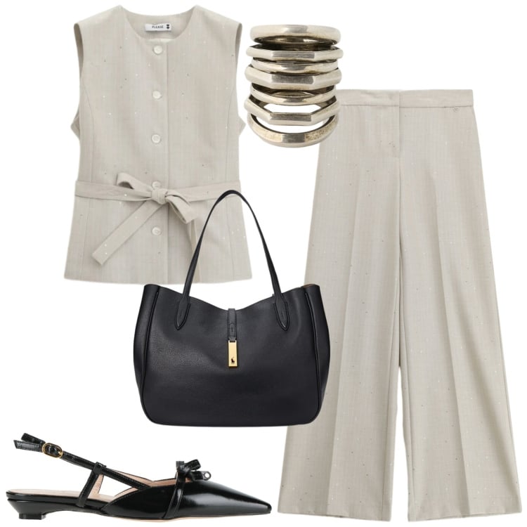 Outfit donna - Please. Stile Urban per Tutti i giorni. Abbinamento con ballerine, canottiere, pantaloni a palazzo, gilet, borse tote, anelli.