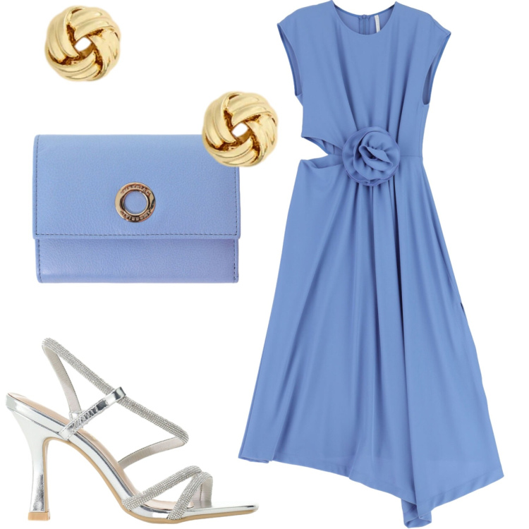 Outfit donna - Eleganza. Stile Chic per Serata fuori. Abbinamento con vestiti midi/longuette, portafogli, sandali col tacco, orecchini.
