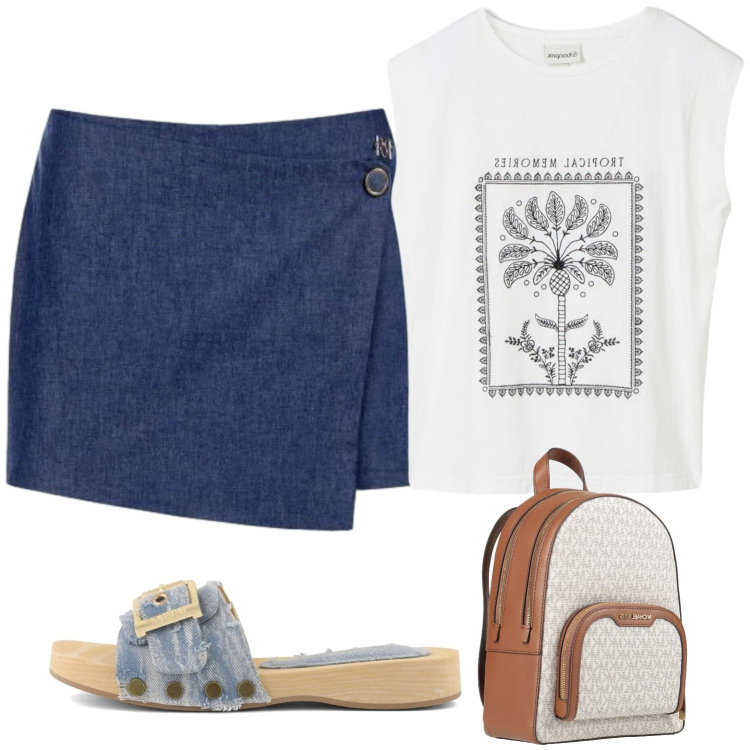 Outfit donna - Il denim estivo. Stile Casual per Tutti i giorni. Abbinamento con zaini, canottiere, minigonne, ciabatte.