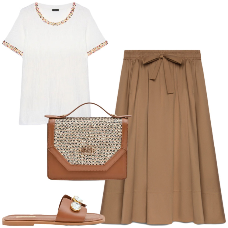 Outfit donna - Fiorella Rubino. Stile Urban per Tutti i giorni. Abbinamento con pochette, sandali gioiello, t-shirt, gonne lunghe.