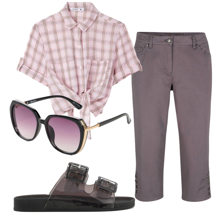 Outfit donna - Total look #2416738. Stile Casual per Tutti i giorni. Abbinamento con pantaloni, occhiali da sole, camicie a manica corta, sandali.