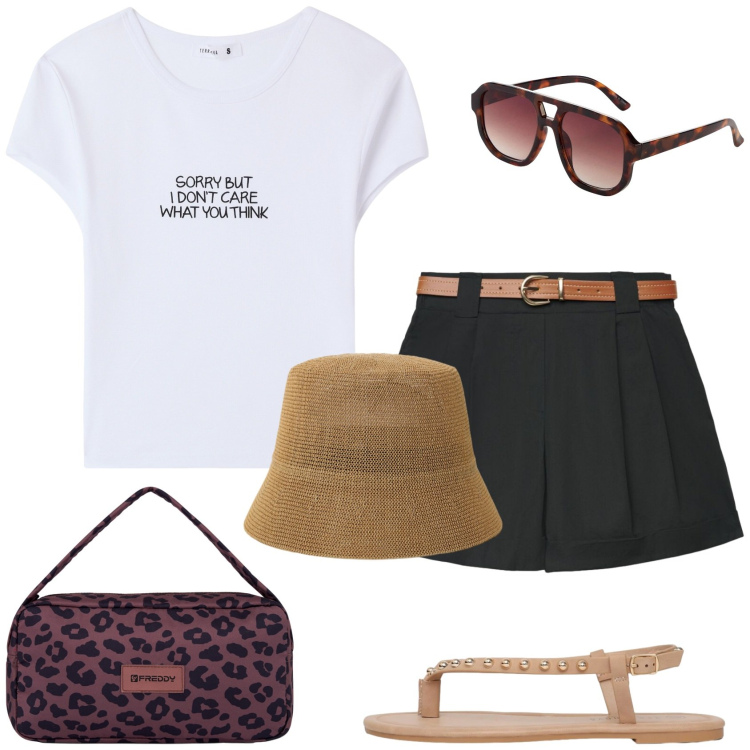 Outfit donna - Il Casual chic in estate. Stile Casual chic per Tutti i giorni. Abbinamento con occhiali da sole, t-shirt, shorts, ciabatte, cappelli, borse a spalla.