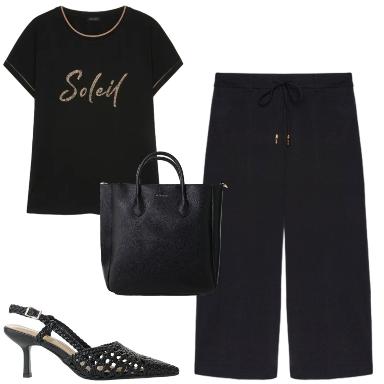 Outfit donna - Black. Stile Casual chic per Tutti i giorni. Abbinamento con décolleté, borse a tracolla, t-shirt, pantaloni.