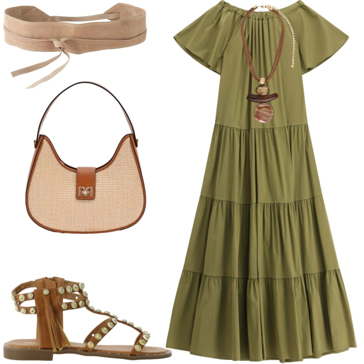 Outfit donna - Giugno. Stile Casual chic per Tutti i giorni. Abbinamento con cinture, borse a spalla, sandali, vestiti lunghi, ciondoli.
