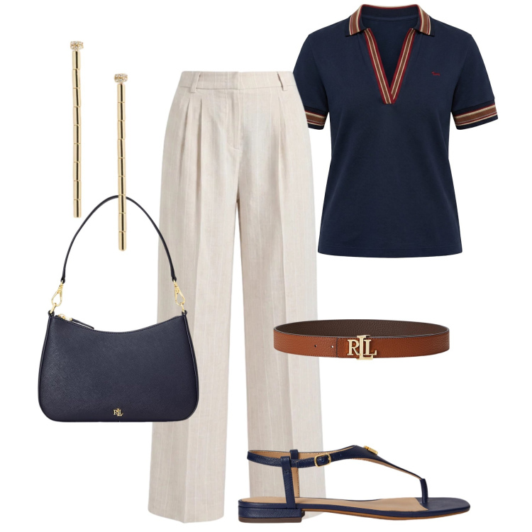 Outfit donna - Total look ufficio. Stile Casual chic per Ufficio. Abbinamento con pantaloni, polo, cinture, borse a spalla, sandali in pelle, orecchini.