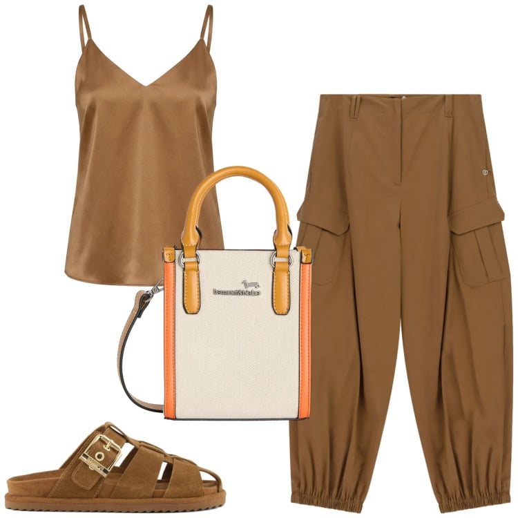 Outfit donna - Giugno. Stile Casual per Tutti i giorni. Abbinamento con canottiere, borse tote, pantaloni cargo, sandali in pelle.