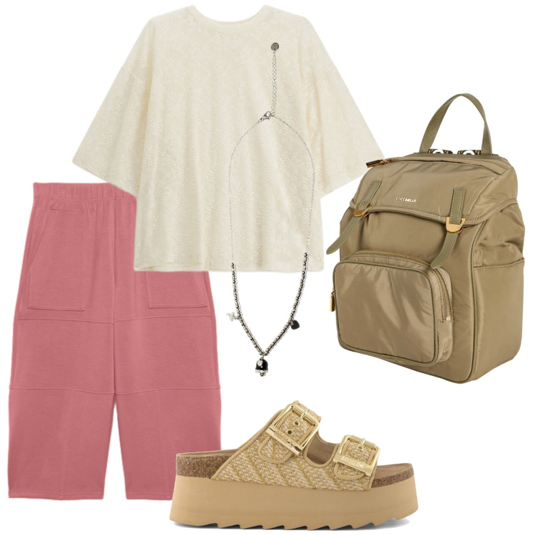 Outfit donna - Total look #2416751. Stile Casual per Tutti i giorni. Abbinamento con zaini, bluse, ciondoli, pantaloni, zeppe.