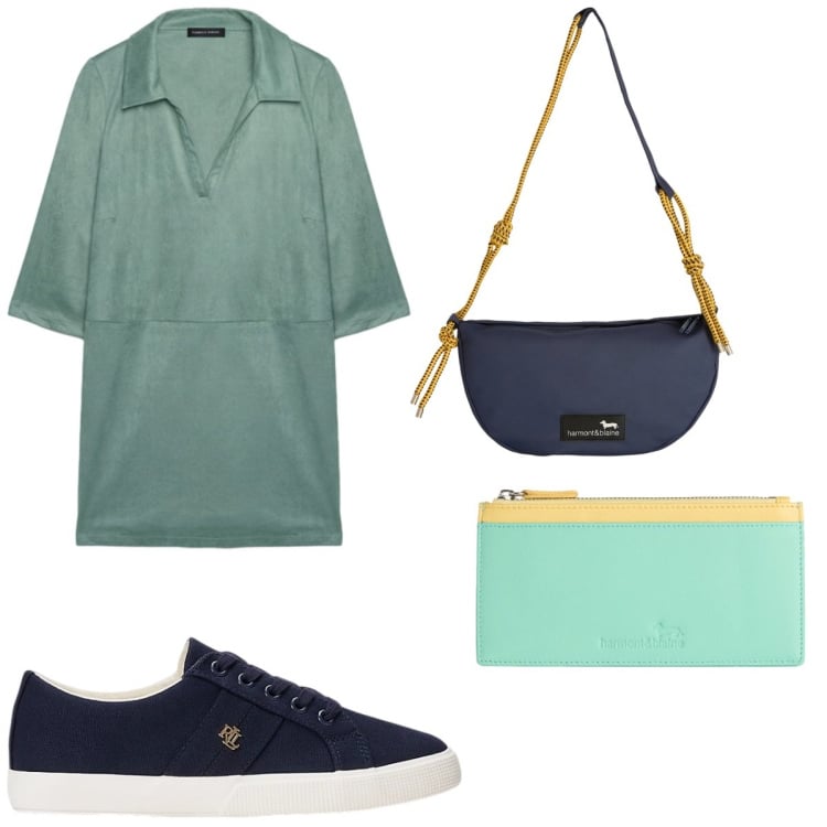 Outfit donna - Comodità. Stile Casual per Tutti i giorni. Abbinamento con borse a tracolla, portafogli, vestiti corti, sneakers.
