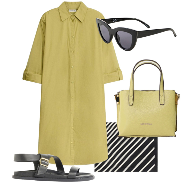 Outfit donna - Minimalista con stile. Stile Minimal per Tutti i giorni. Abbinamento con vestiti chemisier, sandali, occhiali da sole, borse a tracolla, foulard.
