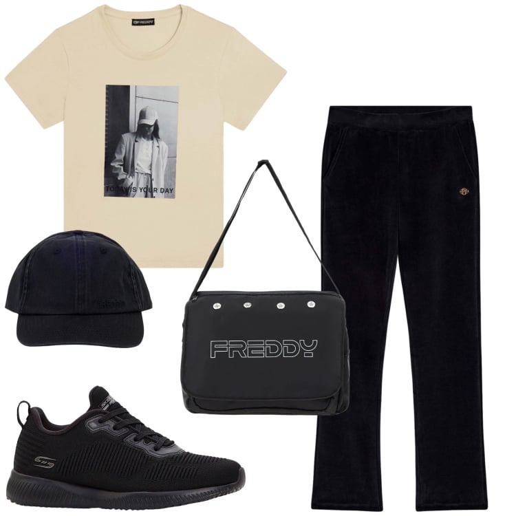 Outfit donna - Total look #2416757. Stile Urban per Sport. Abbinamento con sneakers, t-shirt, pantaloni, borse messenger, cappelli con visiera.