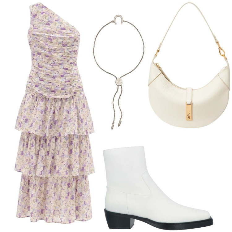 Outfit donna - Romantica. Stile Romantica per Serata fuori. Abbinamento con stivaletti, vestiti lunghi, braccialetti con ciondoli, borse a spalla.