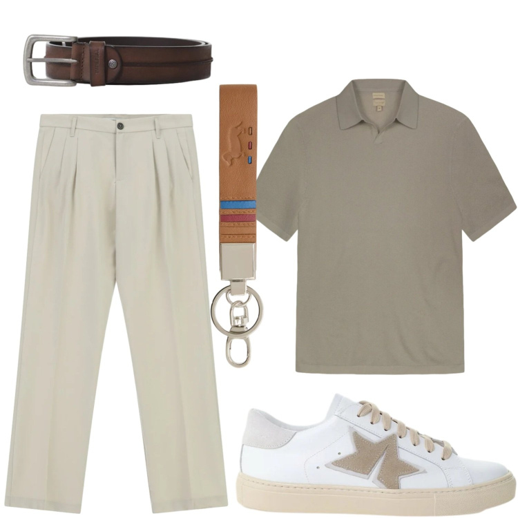 Outfit uomo - I colori mediterranei. Stile Casual per Tutti i giorni. Abbinamento con pantaloni, cinture, sneakers, portachiavi, polo.