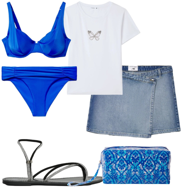 Outfit donna - Esco vado al mare. Stile Casual per Mare. Abbinamento con valigie, sandali, gonne, t-shirt, bikini, bikini.