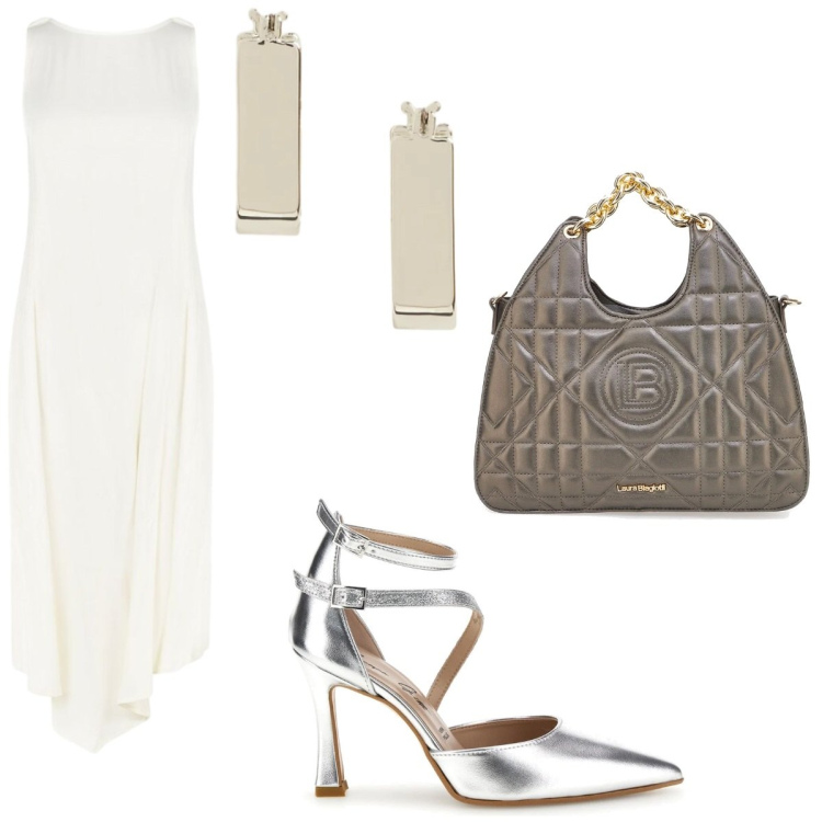 Outfit donna - Bianco elegante. Stile Chic per Serata fuori. Abbinamento con vestiti asimmetrici, orecchini, borse a mano, décolleté.