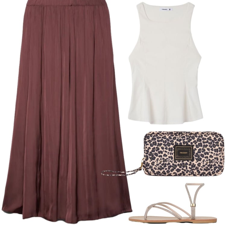 Outfit donna - Sera d \'estate. Stile Minimal per Serata fuori. Abbinamento con sandali, gonne longuette, canottiere, valigie.