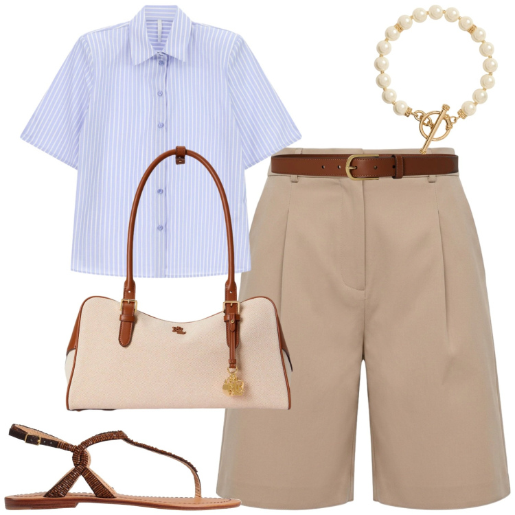 Outfit donna - Old money. Stile Casual chic per Tutti i giorni. Abbinamento con infradito, bermuda, camicie a manica corta, borse a mano, collane, cinture.