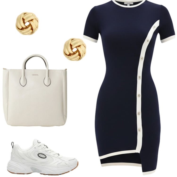 Outfit donna - Stile e praticità. Stile Urban per Tutti i giorni. Abbinamento con sneakers, vestiti asimmetrici, borse a tracolla, orecchini.