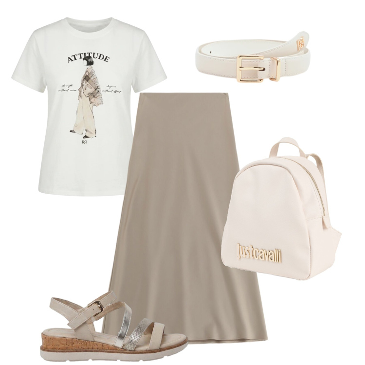 Outfit donna - Attitude metropolitano. Stile Trendy per Tutti i giorni. Abbinamento con zaini, sandali, cinture, t-shirt, gonne lunghe.