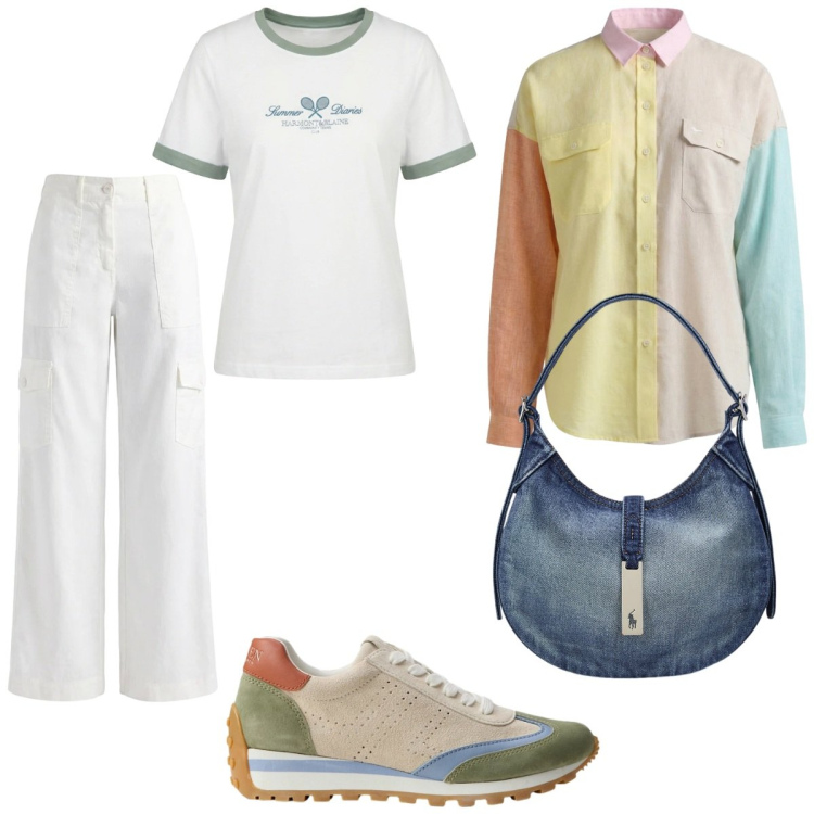 Outfit donna - Camicia multicolore. Stile Casual chic per Tutti i giorni. Abbinamento con t-shirt, camicie, pantaloni cargo, borse a spalla, sneakers.