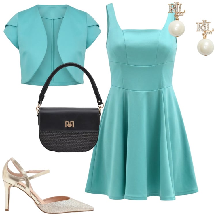 Outfit donna - Cerimonia. Stile Chic per Cerimonia. Abbinamento con vestiti corti, borse a spalla, décolleté, bolero, orecchini.