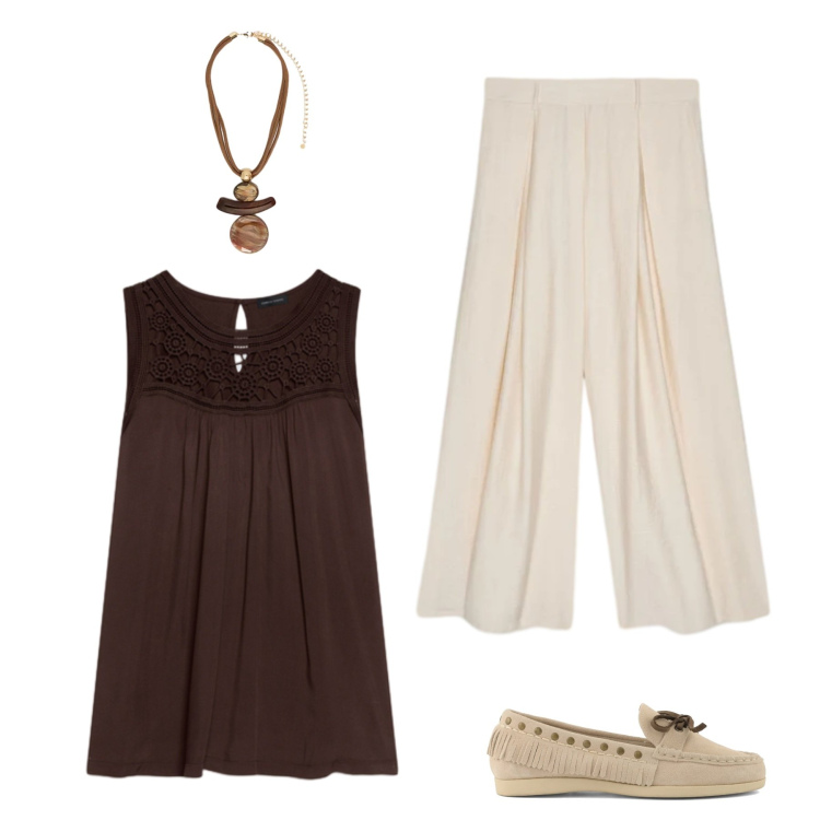 Outfit donna - Lino ampio. Stile Casual per Tutti i giorni. Abbinamento con ciondoli, pantaloni a palazzo, canottiere, mocassini.