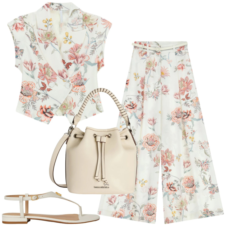 Outfit donna - Giugno. Stile Romantica per Tutti i giorni. Abbinamento con canottiere, gilet, pantaloni a palazzo, borse a secchiello, sandali in pelle.