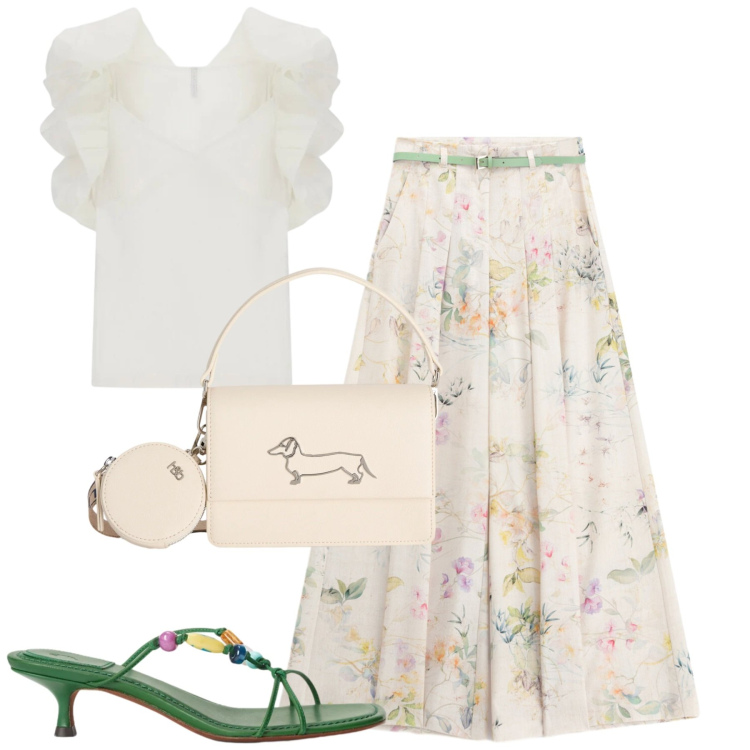 Outfit donna - Floral. Stile Romantica per Tutti i giorni. Abbinamento con pantaloni a palazzo, top, borse a tracolla, sandali gioiello.