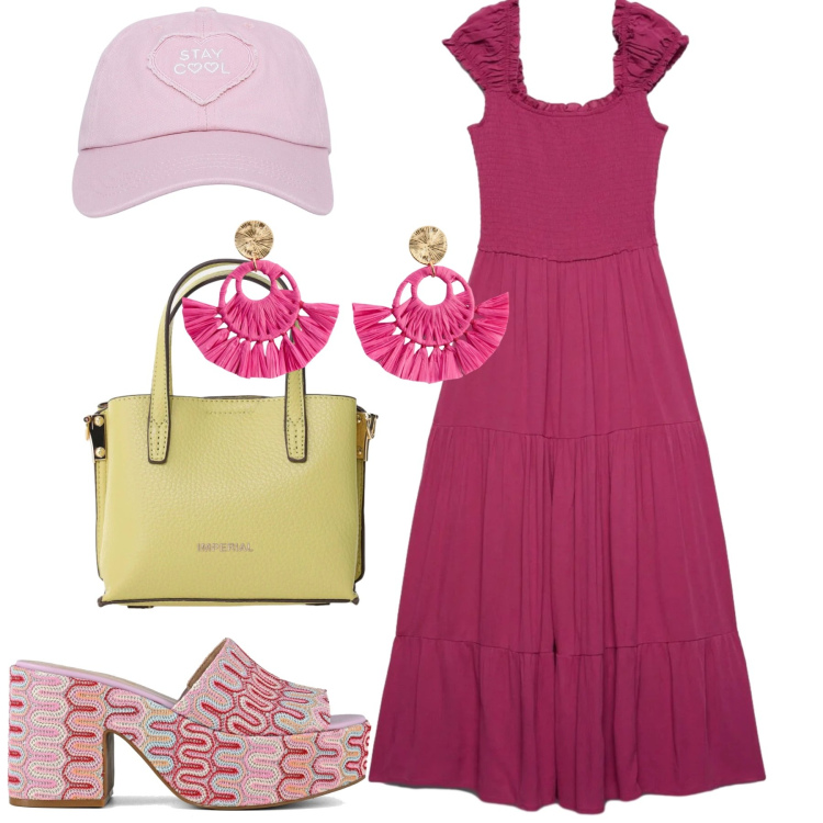 Outfit donna - Giugno. Stile Casual per Tutti i giorni. Abbinamento con orecchini, vestiti lunghi, cappelli, borse a tracolla, sabot.