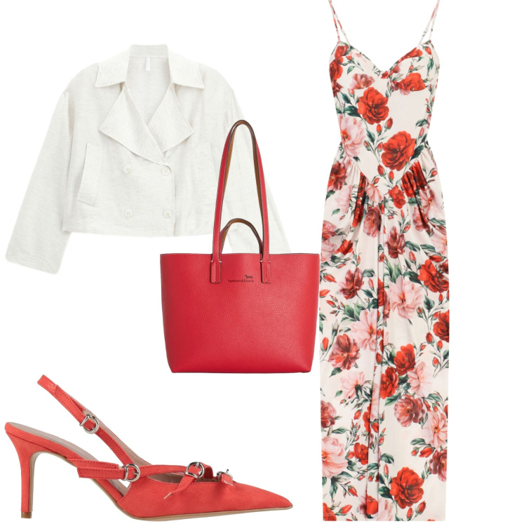 Outfit donna - Papaveri. Stile Romantica per Tutti i giorni. Abbinamento con décolleté, blazer, vestiti lunghi, shopping bag.