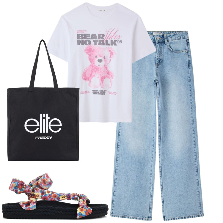 Outfit donna - Total look #2416793. Stile Casual per Tutti i giorni. Abbinamento con t-shirt, jeans dritti, shopping bag, sandali.