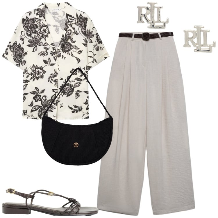 Outfit donna - In ufficio. Stile Urban per Ufficio. Abbinamento con sandali, pantaloni, camicie a manica corta, borse a mano, orecchini.