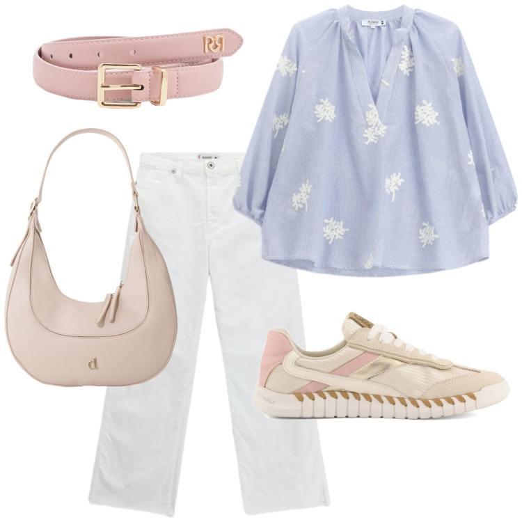Outfit donna - Pomeriggio di saldi. Stile Casual chic per Tutti i giorni. Abbinamento con cinture, bluse, jeans, borse a tracolla, sneakers.