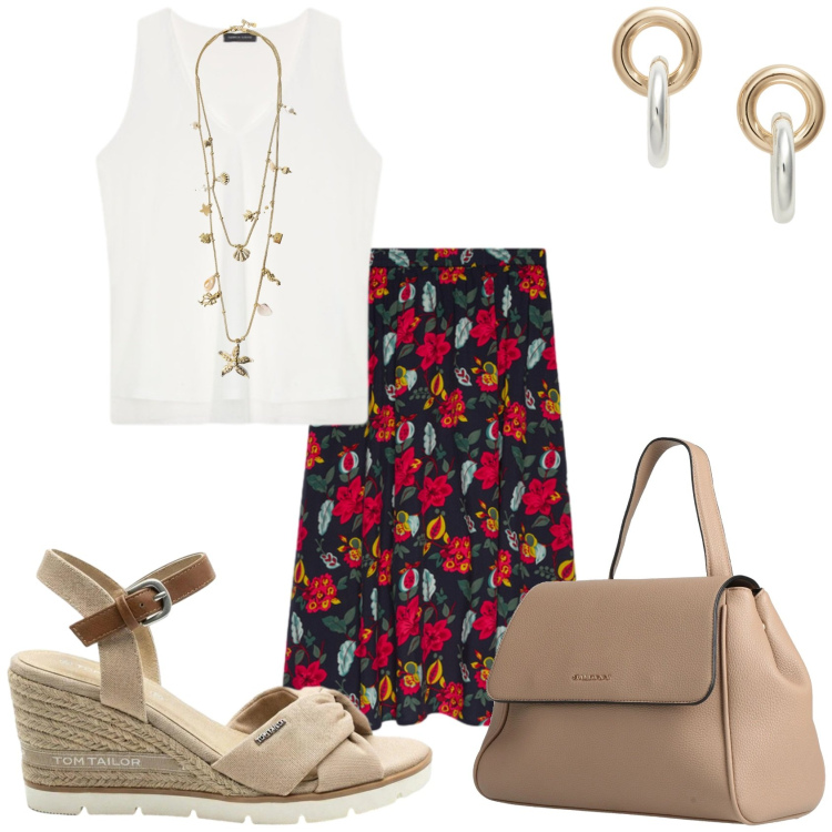Outfit donna - Gonna fantasia. Stile Glamour per Tutti i giorni. Abbinamento con zaini, sandali col tacco, collane, gonne longuette, top, orecchini.