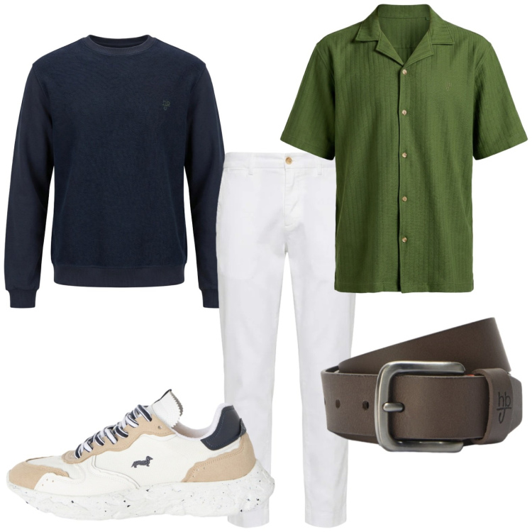Outfit uomo - Sportivo con gusto. Stile Trendy per Tutti i giorni. Abbinamento con sneakers, pantaloni chino, felpe, camicie a manica corta, cinture.