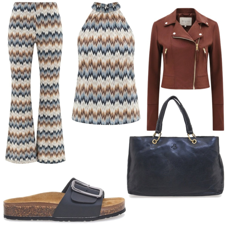 Outfit donna - Pantaloni a zampa. Stile 70s per Ufficio. Abbinamento con giacche, canottiere, pantaloni, ciabatte, borse a mano.