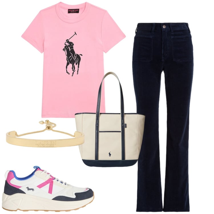 Outfit donna - Sporty. Stile Casual per Tutti i giorni. Abbinamento con sneakers, t-shirt, borse tote, pantaloni, braccialetti.