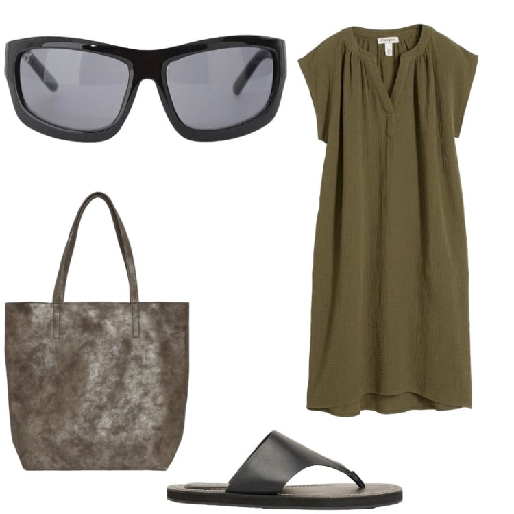 Outfit donna - Verde. Stile Casual per Ufficio. Abbinamento con vestiti corti, infradito, shopping bag, occhiali da sole.