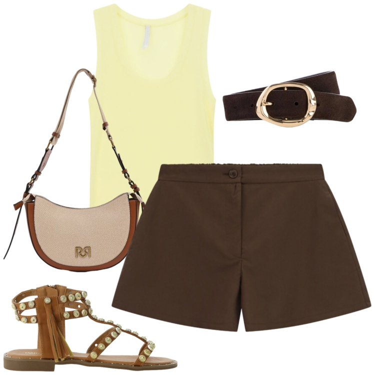 Outfit donna - Imperial. Stile Casual per Tutti i giorni. Abbinamento con cinture, shorts, sandali, canottiere, borse a tracolla.