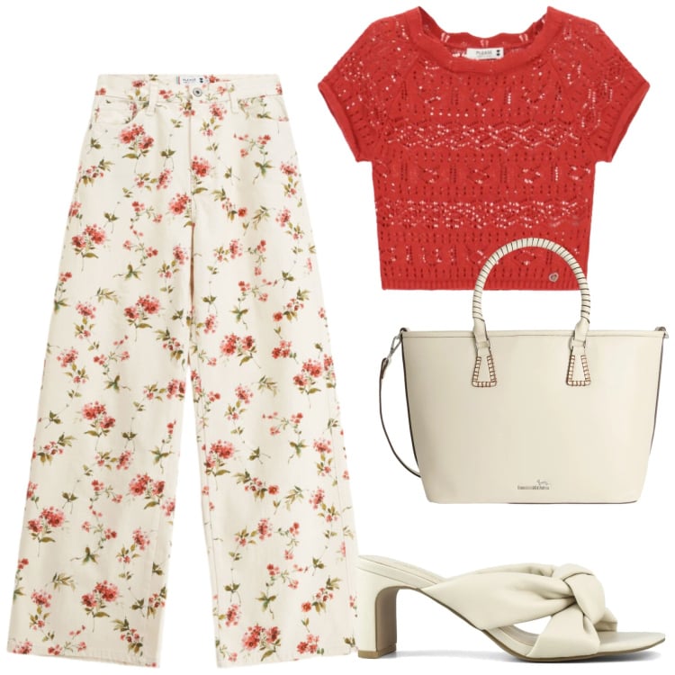 Outfit donna - Giugno. Stile Urban per Tutti i giorni. Abbinamento con shopping bag, top, pantaloni a palazzo, sandali col tacco.