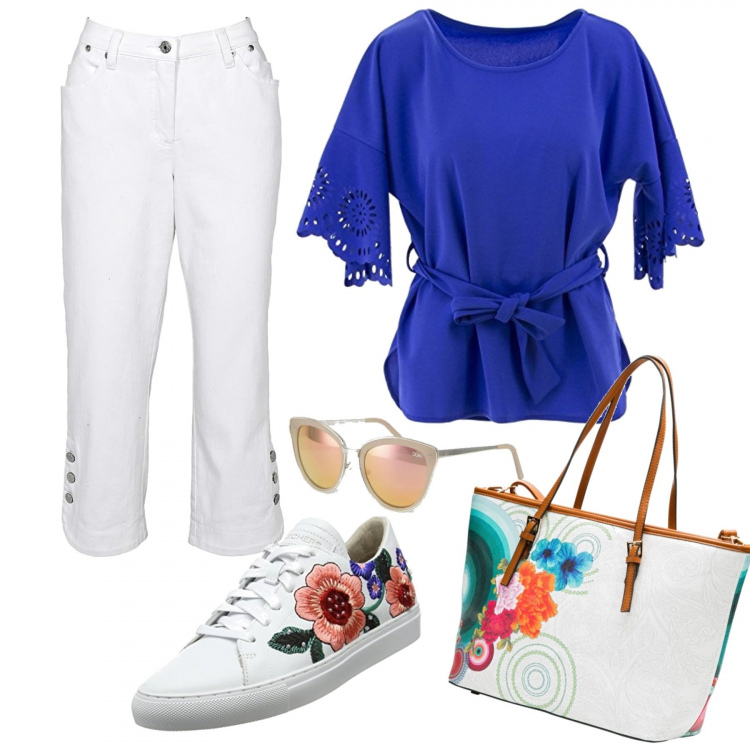 Outfit donna - Basic #2841. Stile Basic per Tutti i giorni. Abbinamento con jeans, shopping bag con stampa e zip con scomparti bianco, top, sneakers bianco, occhiali da sole a gatto lenti colorate stanghette sottili rosa.