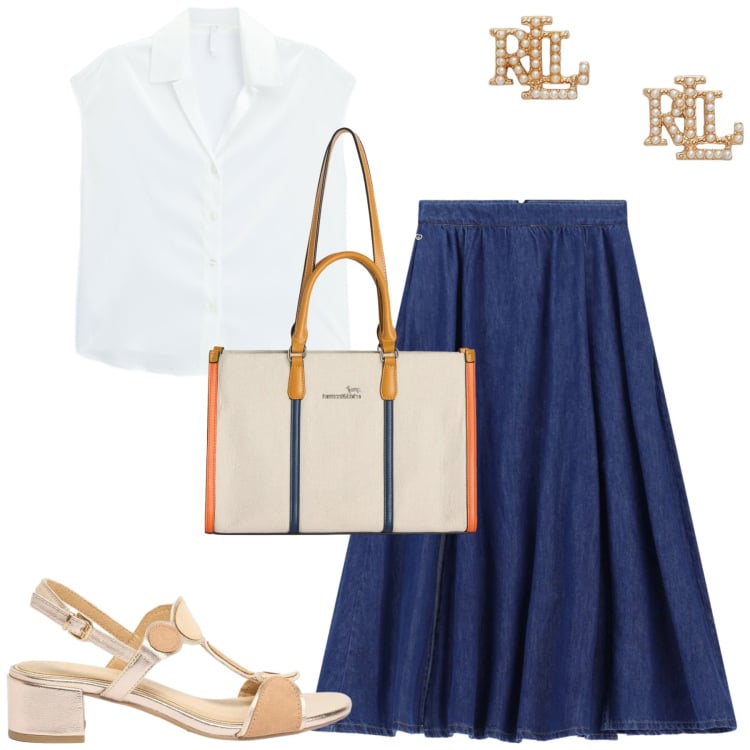 Outfit donna - Giugno. Stile Urban per Tutti i giorni. Abbinamento con sandali col tacco, camicie a manica corta, borse tote, gonne lunghe, orecchini.