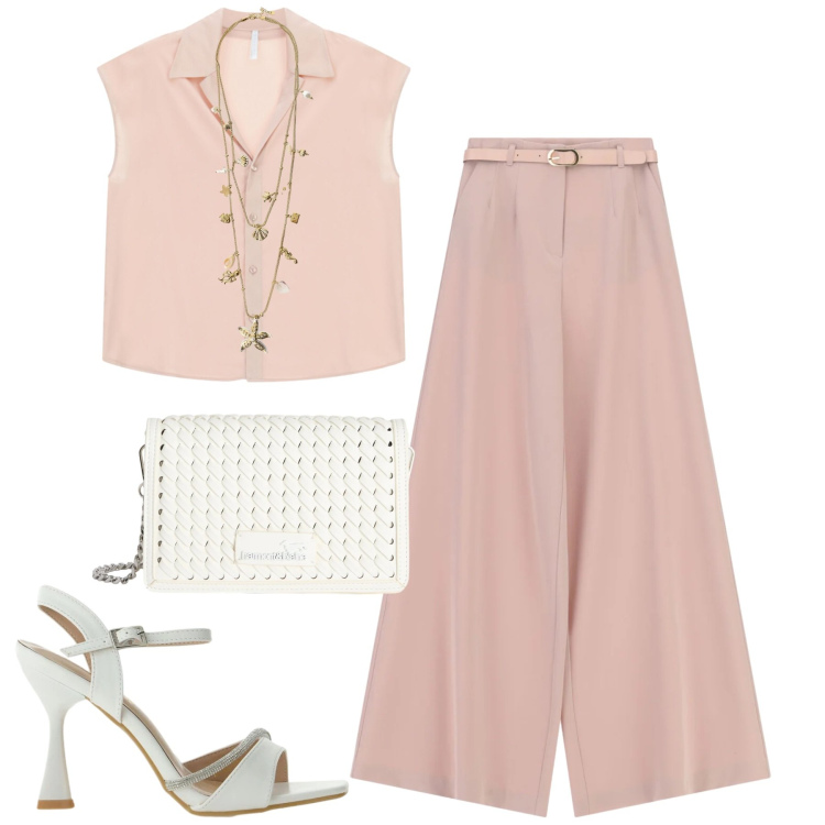 Outfit donna - Imperial. Stile Chic per Tutti i giorni. Abbinamento con pantaloni a palazzo, camicie a manica corta, sandali gioiello, collane, borse a tracolla.