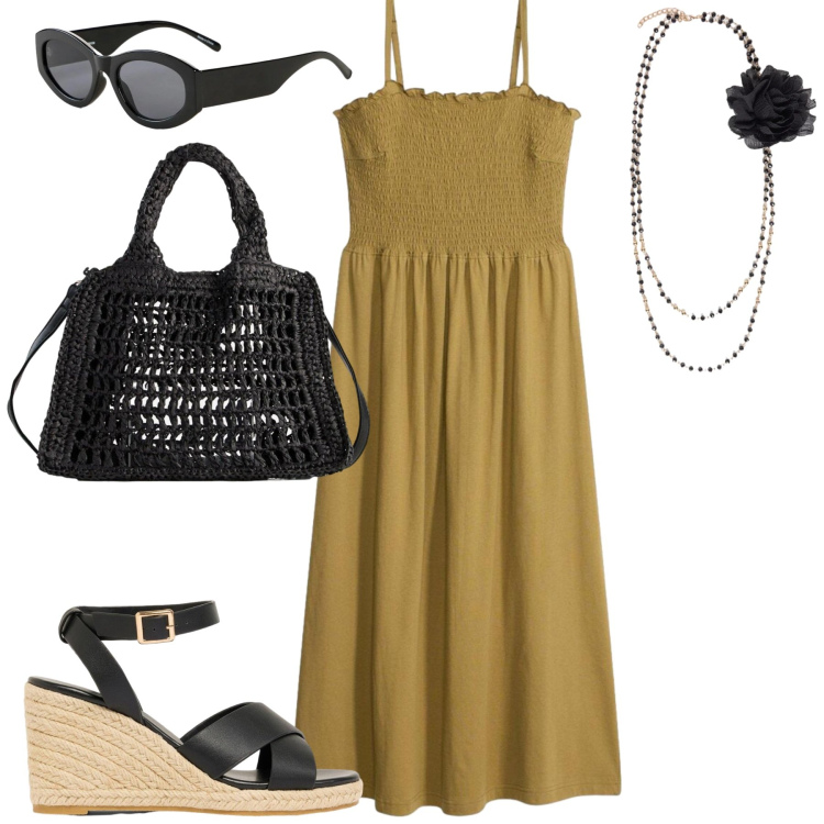 Outfit donna - Bonprix. Stile Basic per Tutti i giorni. Abbinamento con vestiti, borse a tracolla, occhiali da sole, sandali, collane.