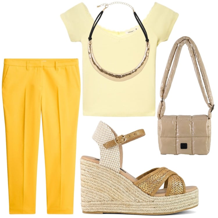 Outfit donna - Colori d’estate. Stile Casual per Tutti i giorni. Abbinamento con pantaloni, collane, t-shirt, borse a spalla, zeppe.