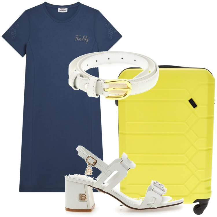 Outfit donna - Summer Energy. Stile Glamour per Tutti i giorni. Abbinamento con vestiti midi/longuette, sandali col tacco, cinture, valigie.
