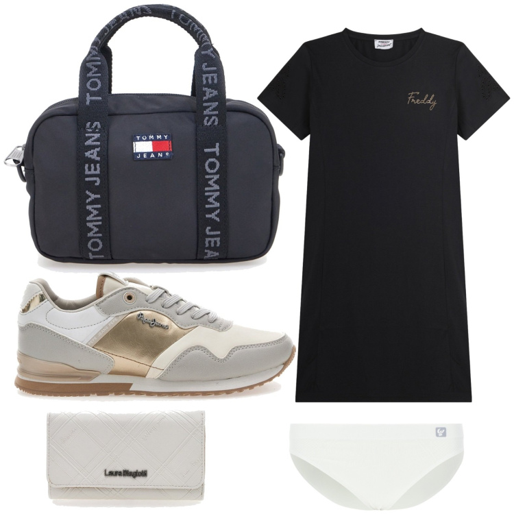 Outfit donna - Summer Energy. Stile Glamour per Tutti i giorni. Abbinamento con culotte, vestiti midi/longuette, portafogli, sneakers, borse a tracolla.