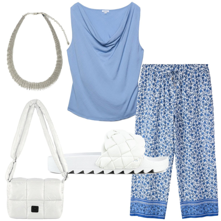 Outfit donna - Colori d’estate. Stile Trendy per Tutti i giorni. Abbinamento con canottiere, pantaloni, collane, borse a spalla, ciabatte.